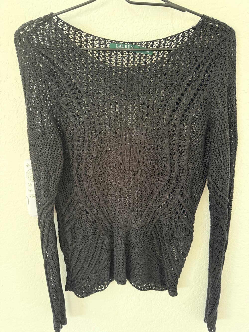 Ralph Lauren Womens Black Crochet Open Knit Pointelle Sweater Size S Boho